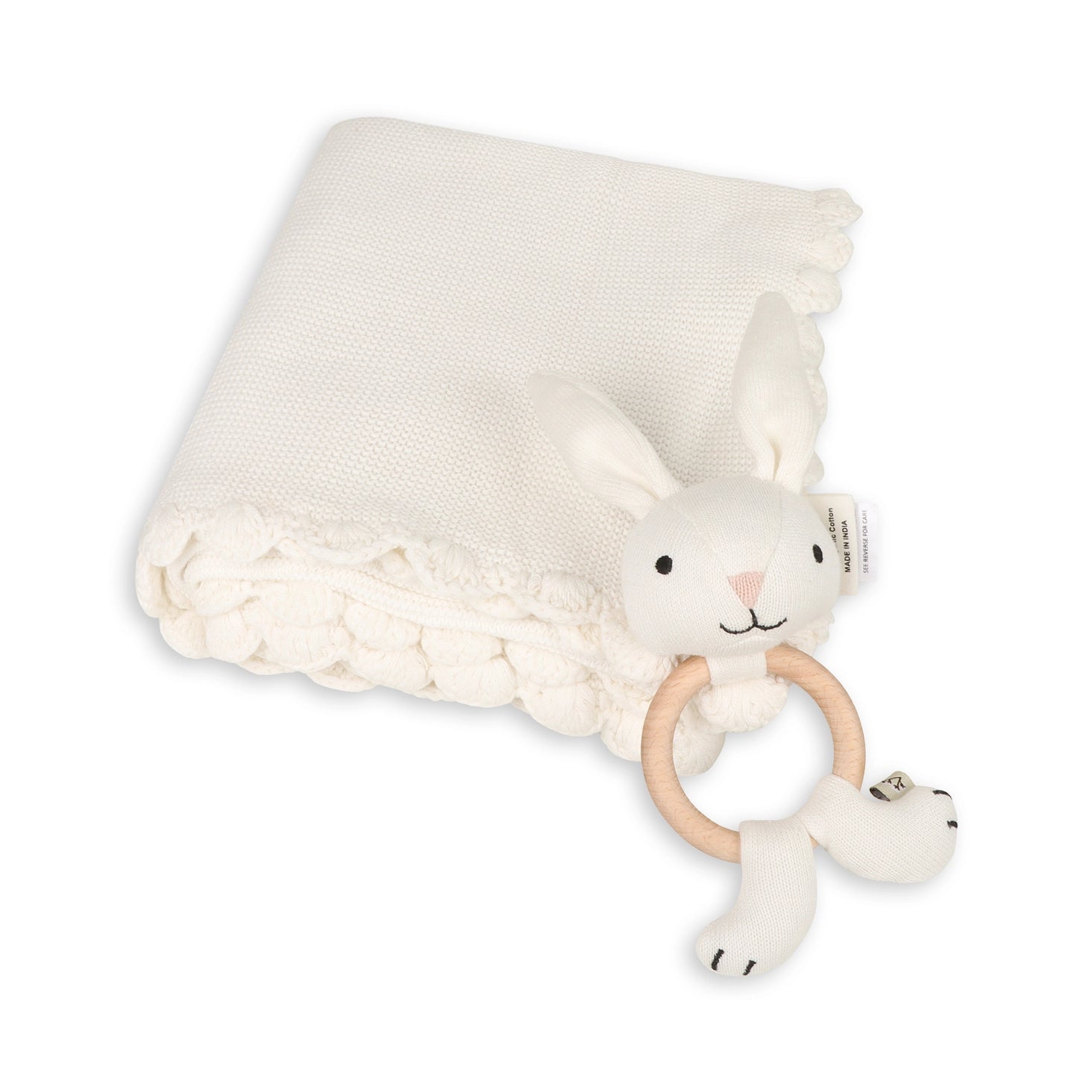 Organic Knit Baby Blanket + Bunny Rattle Gift Set
