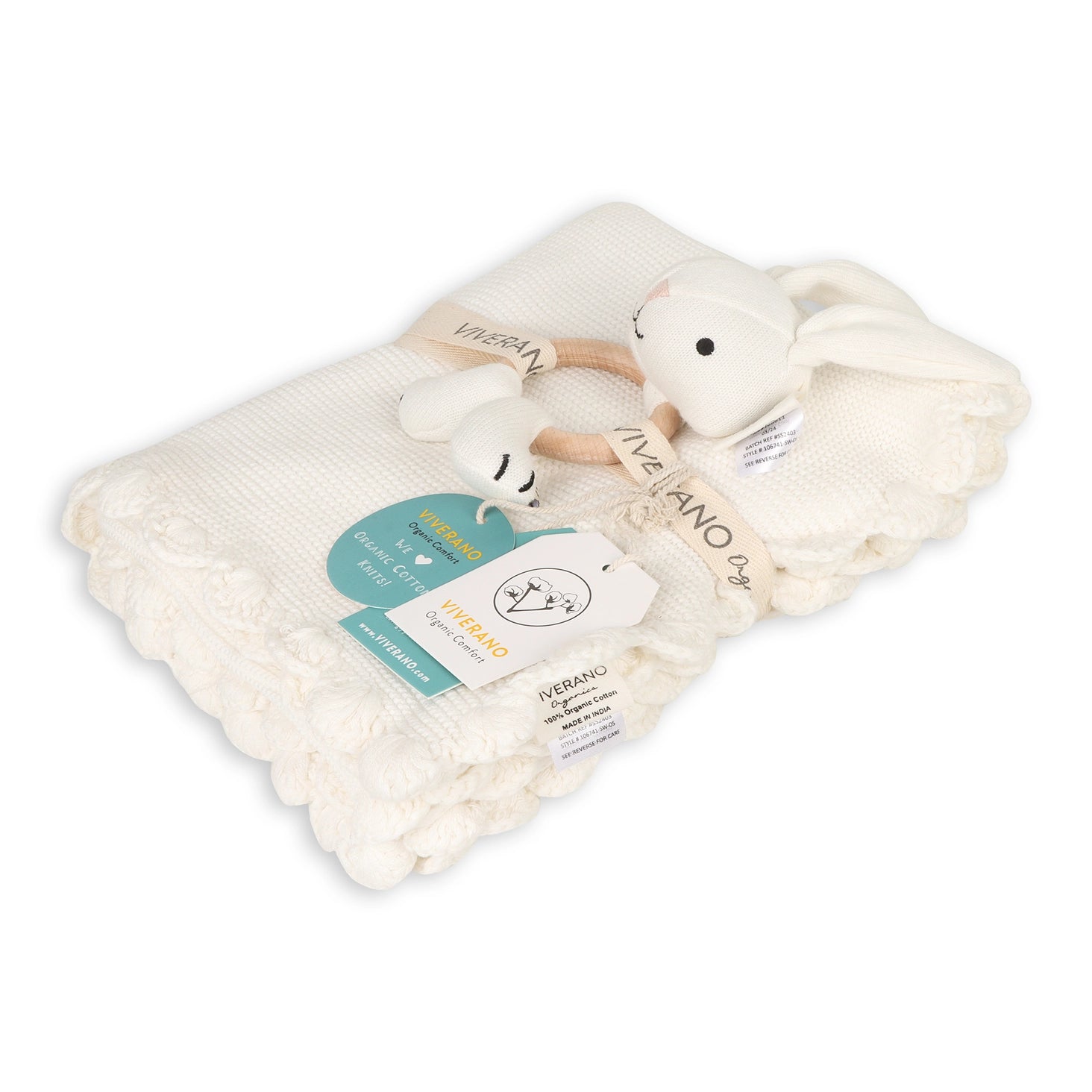 Organic Knit Baby Blanket + Bunny Rattle Gift Set