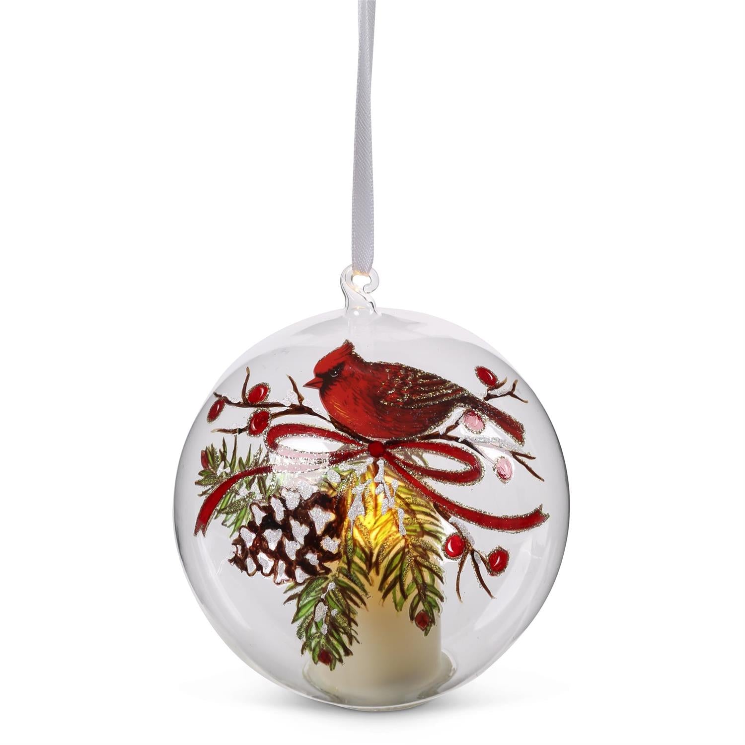 LED Cardinal & Holly Ornament