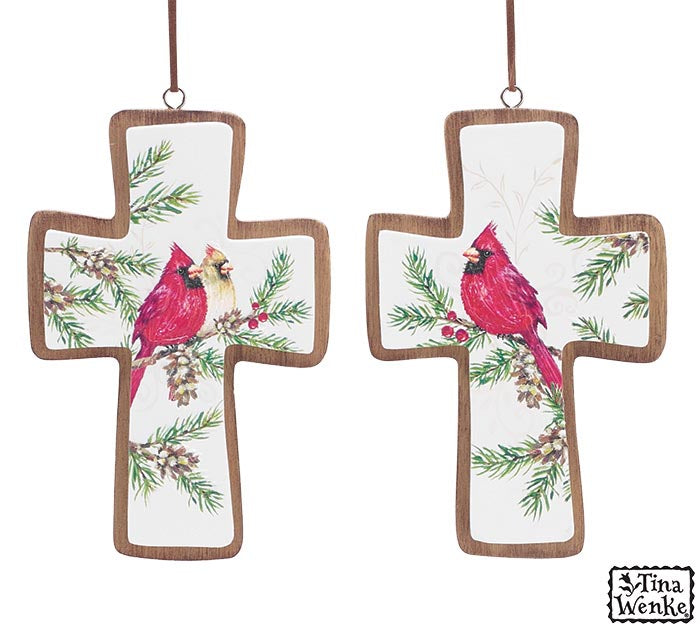 Wooden Cross Cardinal Ornament