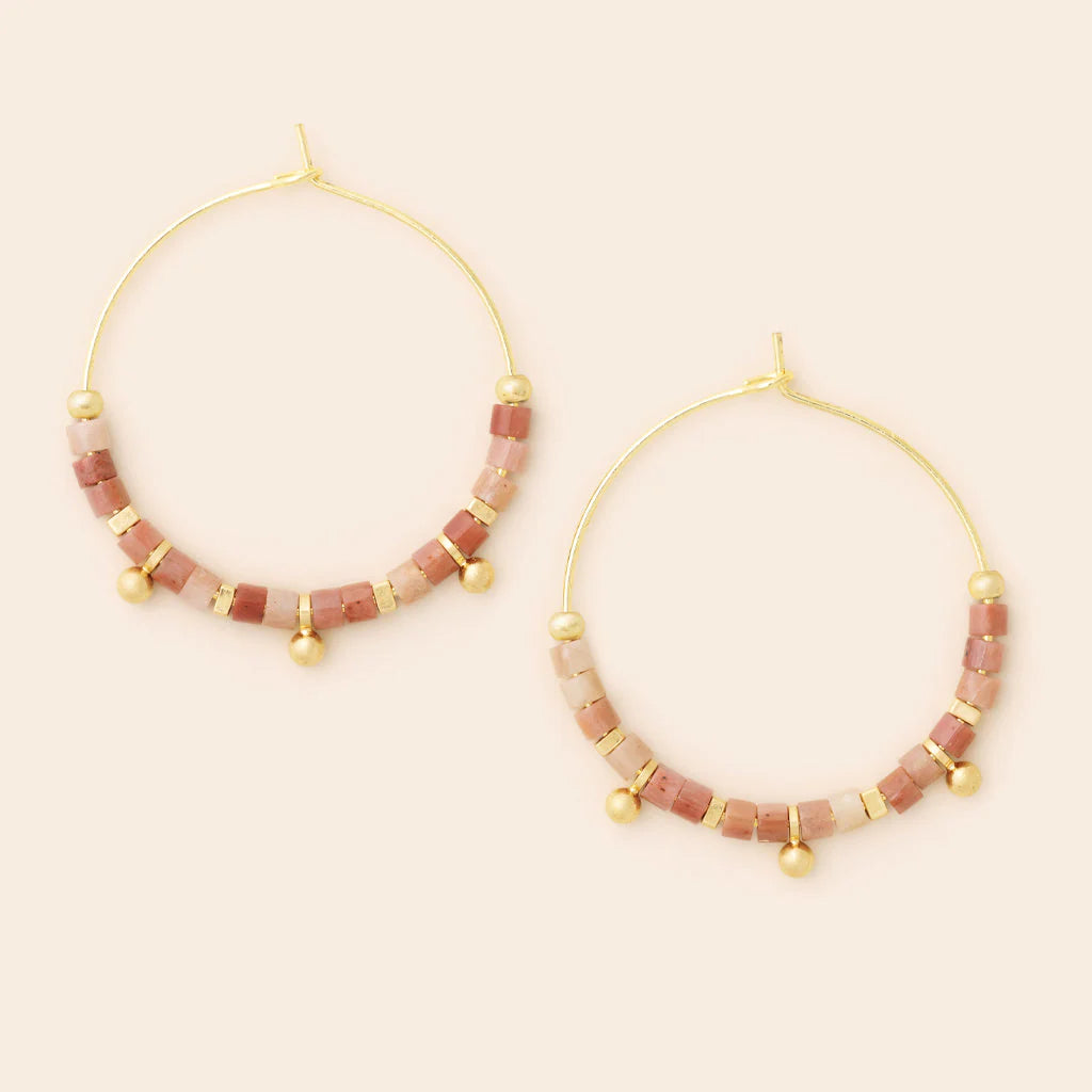 Stone Disc Hoop Earrings - rhodonite/gold