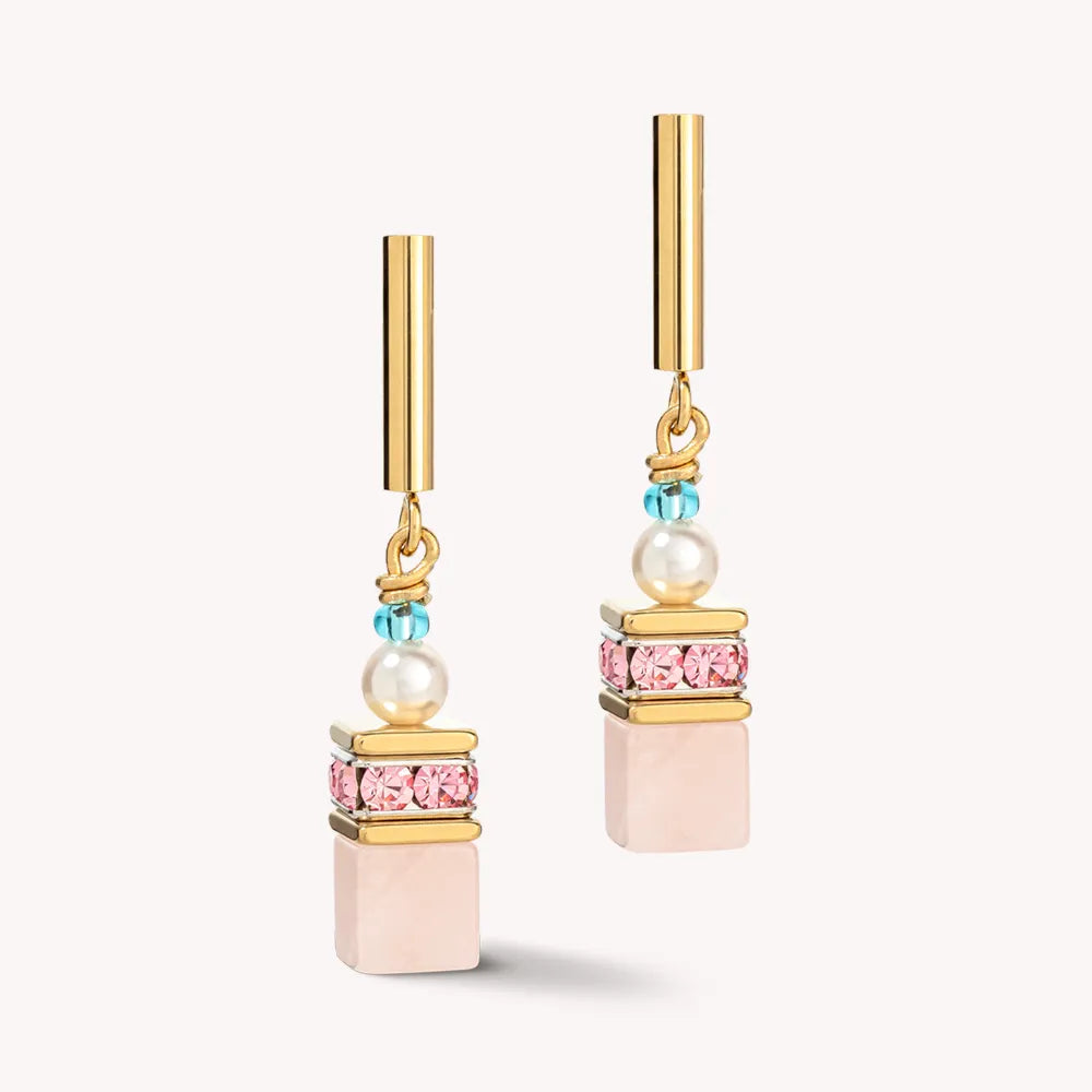 Pink Geocube Pearl Earrings