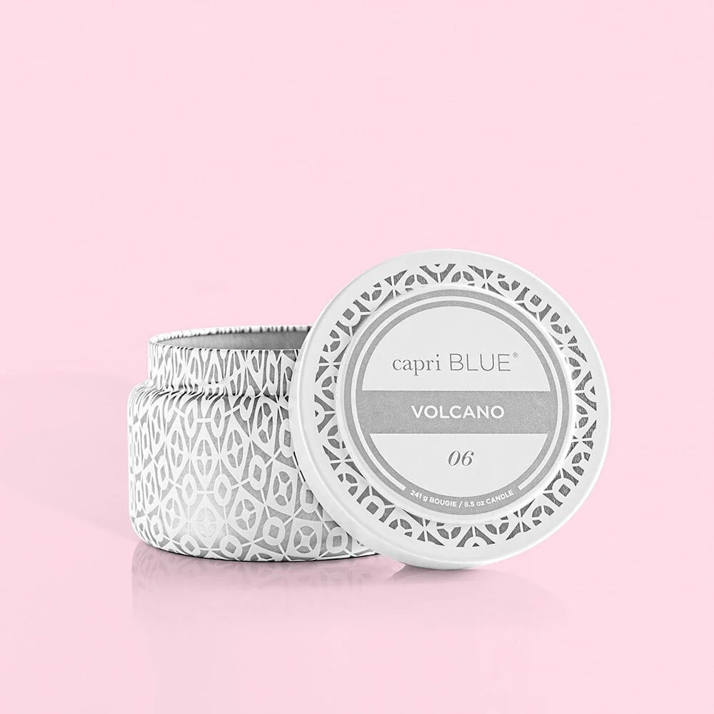 Volcano White Printed Travel Tin Candle