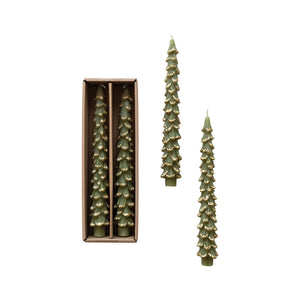 Tree Taper Candles/ gold tipped green