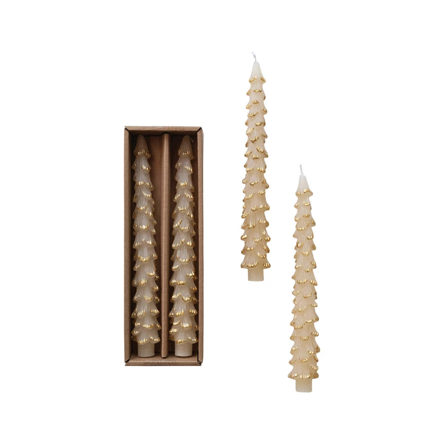 Tree Taper Candles/ gold tipped cream