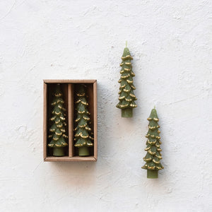 Tree Shaped Taper Candles - green w/ gold tips